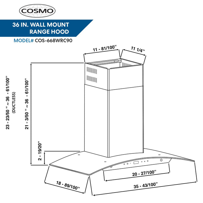 Cosmo 36-Inch 380 CFM Ductless Wall Mount Range Hood in Stainless Steel with Tempered Glass (COS-668WRC90-DL) Cosmo
