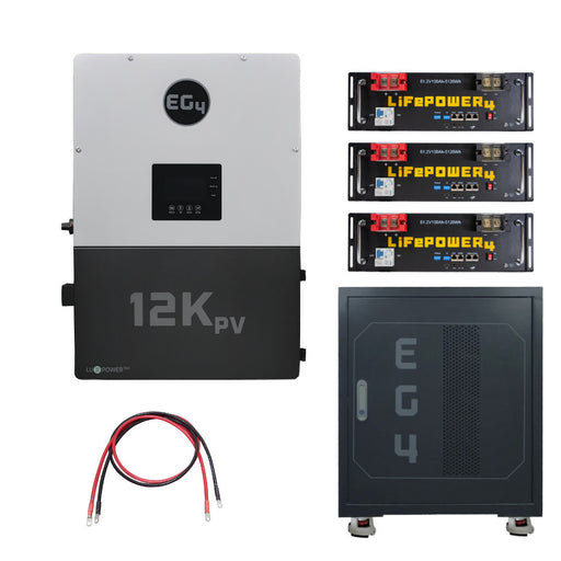 EG4 12kPV Compact Home Power System {BNDL-E0030} - EG4 12kPV Hybrid Inverter next to a closed EG4 3 Slot battery rack that has three LifePower4 V2 Batteries above it