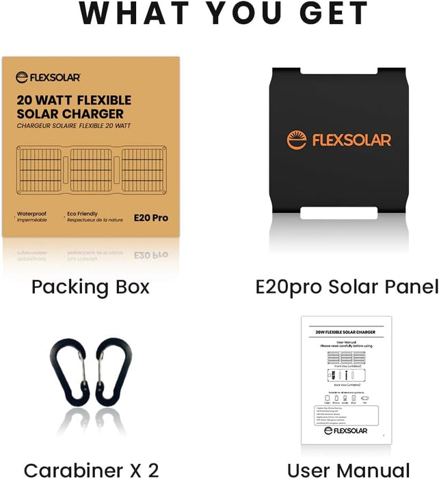 FlexSolar® E20 Pro Solar Panel Charger 5V USB-A USB-C Output Foldable IP67 Waterproof Camping Hiking Emergency|20W