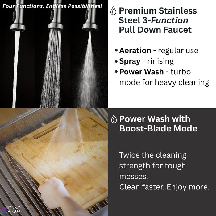 Forno Acqua 33-Inch Drop-In/Undermount 3-Level Workstation with Retractable Faucet & Glass Rinser (D-ZP30)