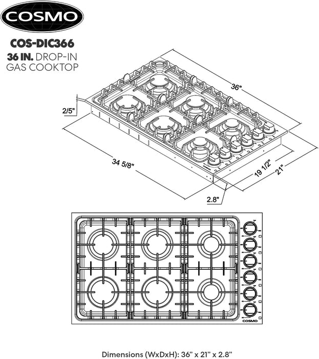 Cosmo 36-Inch Gas Cooktop with 6 Burners in Stainless Steel (COS-DIC366) Cosmo