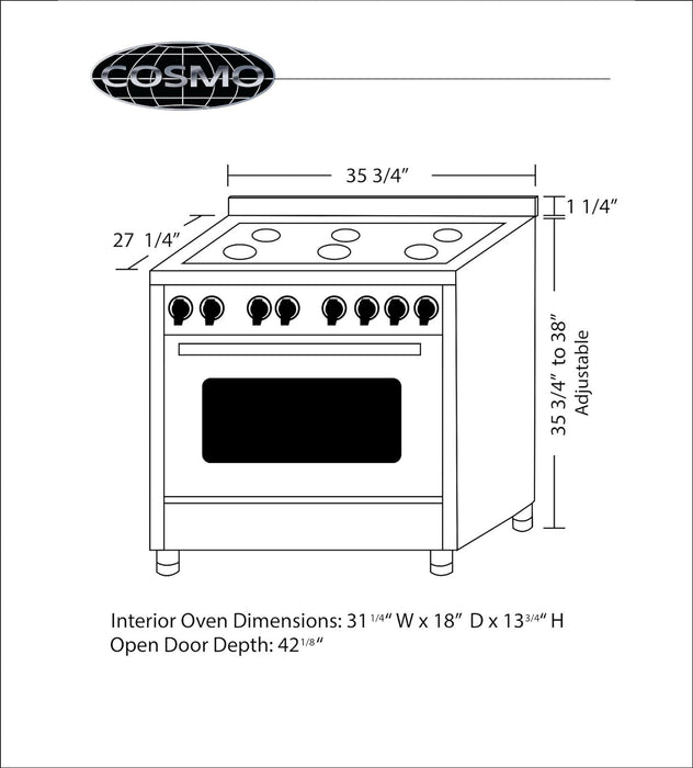 Cosmo 4-Piece Appliance Package - 36-Inch Dual Fuel Range, Wall Mount Range Hood, Dishwasher and Refrigerator in Stainless Steel (COS-4PKG-167) Cosmo