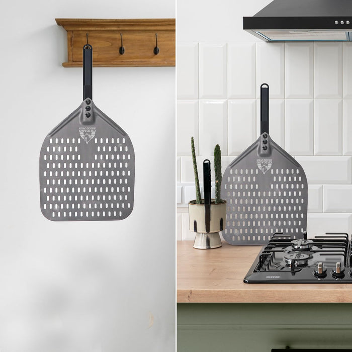 Chicago Brick Oven Perforated Pizza Peel - 12"x15" Anodized Aluminum Pizza Steel, 11" Handle, 26" Overall Length