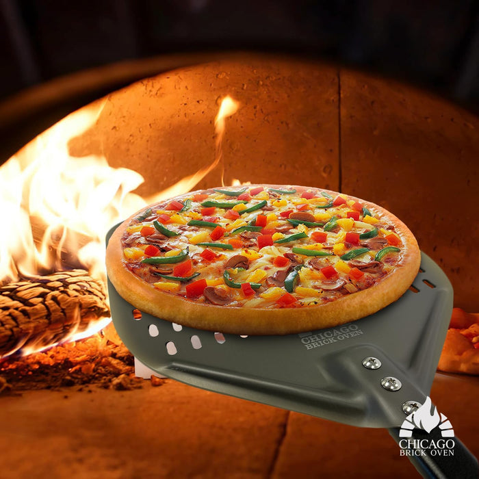 Chicago Brick Oven Perforated Pizza Peel - 12"x15" Anodized Aluminum Pizza Steel, 32" Handle, 47" Overall Length