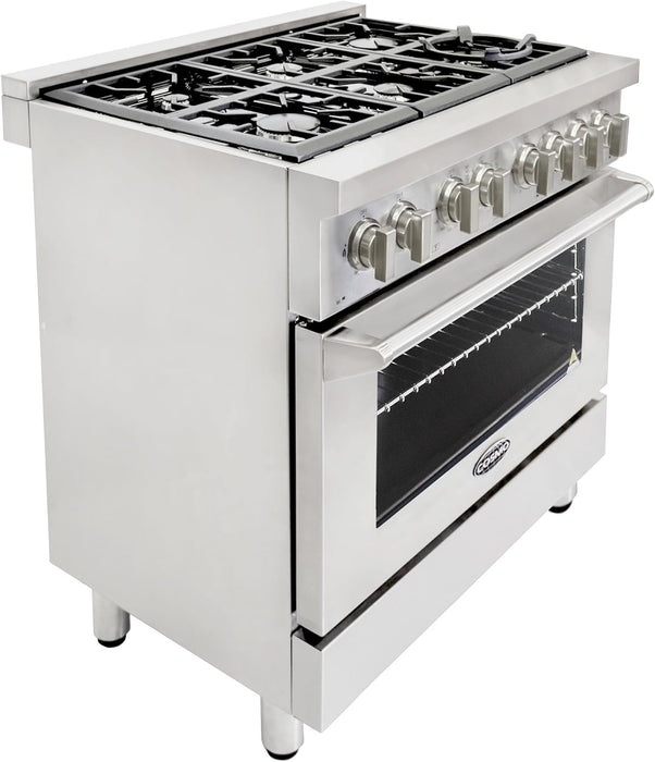 Cosmo 4-Piece Appliance Package - 36-Inch Dual Fuel Range, Island Range Hood, Dishwasher and Refrigerator in Stainless Steel (COS-4PKG-064) Cosmo