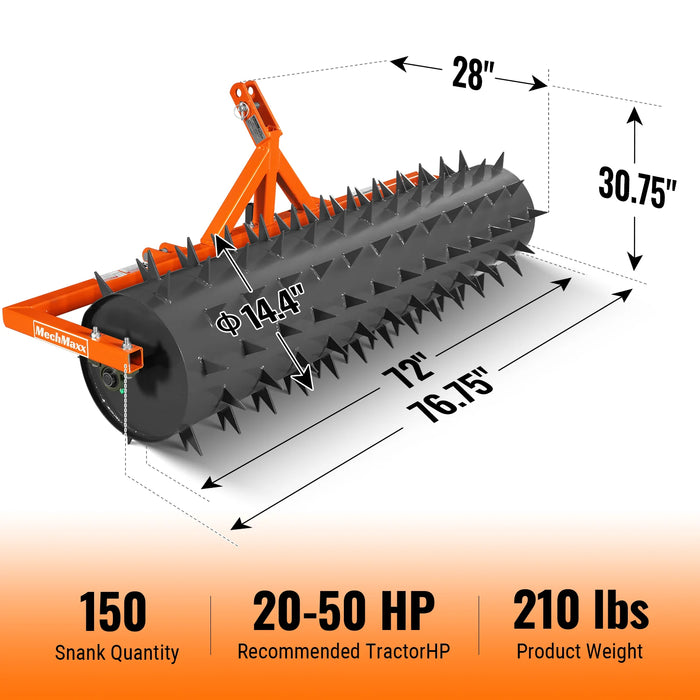 72" Drum Spike Aerator Cat. 1 3-Point Hitch Tractor Attachment, DSA72 — angle view