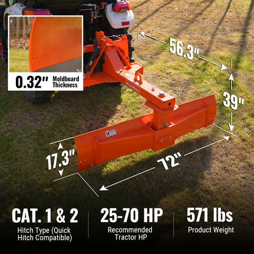 72" Heavy Duty 6-Way Rear Blade 3 Point Hitch Tractor Attachment,  RB72SE