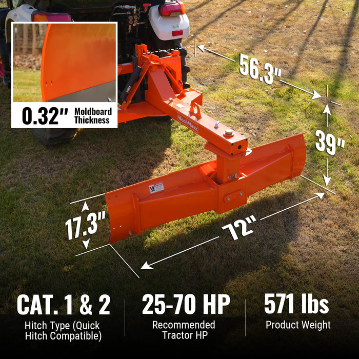 72" Heavy Duty 6-Way Rear Blade 3 Point Hitch Tractor Attachment,  RB72SE