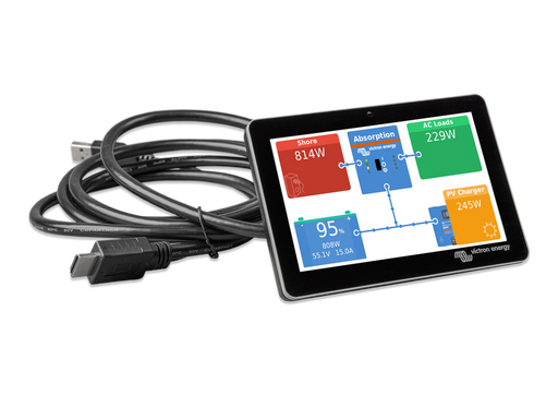 Victron Energy - GX Touch 50 - Victron Energy | GX Touch 50 showing front of screen with colorful boxes and coiled black cord