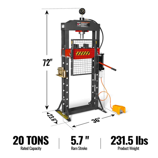 20 Ton H-Frame Air/Hydraulic Shop Press with Press Pin Kit, Fully Weld — angle view
