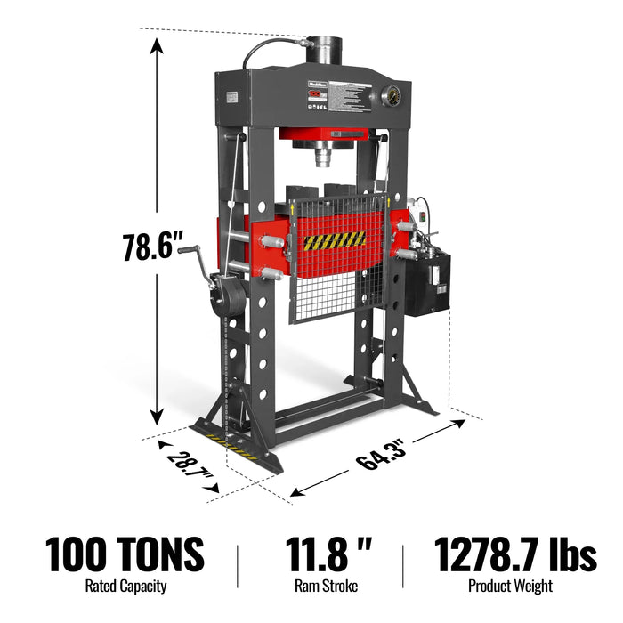 100 Ton H-Frame Electric Hydraulic Shop Press with Hand Winch,  110V M — angle view
