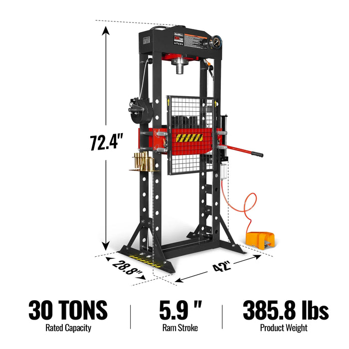 30 Ton H-Frame Air/Hydraulic Shop Press with Hand Winch & Press Pin Ki — angle view