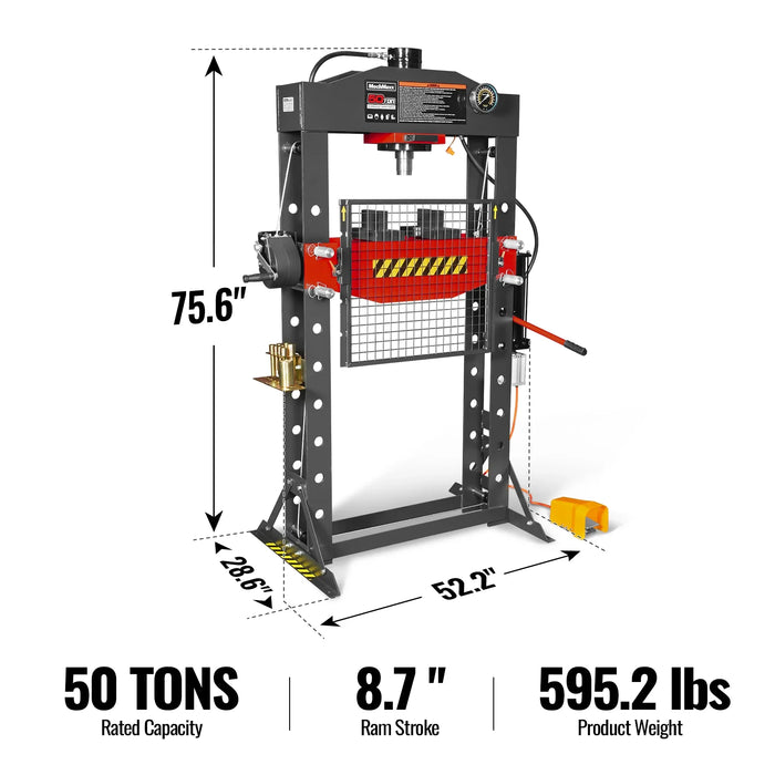50 Ton H-Frame Air/Hydraulic Shop Press with Hand Winch & Press Pin Ki — angle view