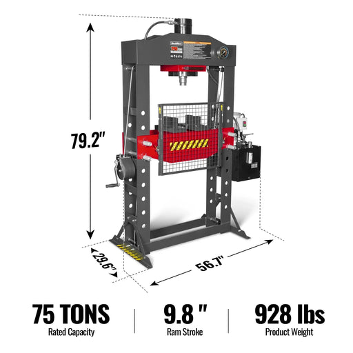 75 Ton H-Frame Electric Hydraulic Shop Press with Hand Winch,  110V Mo — angle view