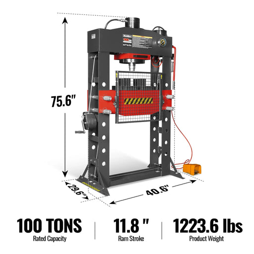 100 Ton H-Frame Air/Hydraulic Shop Press with Hand Winch,  Fully Welde — angle view