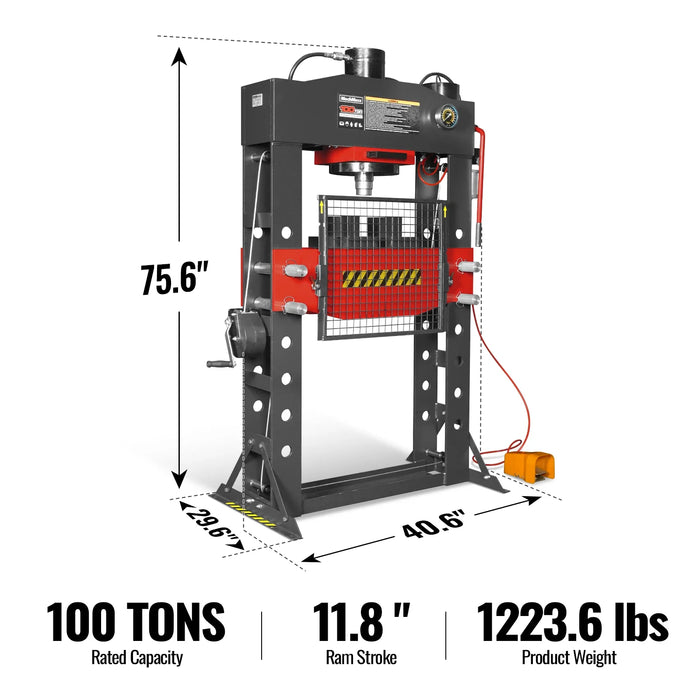 100 Ton H-Frame Air/Hydraulic Shop Press with Hand Winch,  Fully Welde — angle view