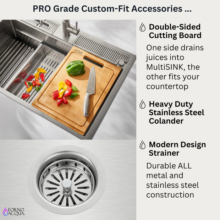 Forno Acqua 33-Inch Drop-In/Undermount 3-Level Workstation Sink with Faucet, Waterfall & Glass Rinser (D-WP30)