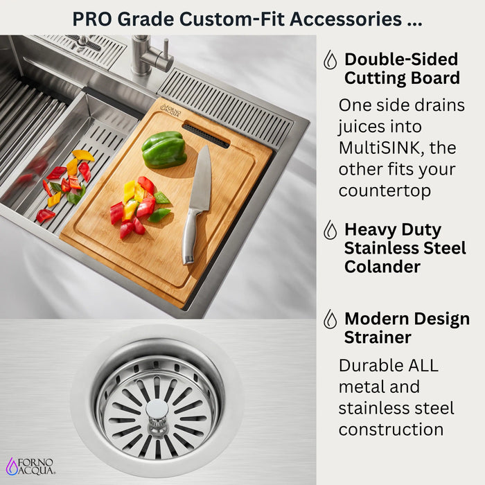 Forno Acqua 33-Inch Drop-In/Undermount 3-Level Workstation with Retractable Faucet & Glass Rinser (D-ZP30)