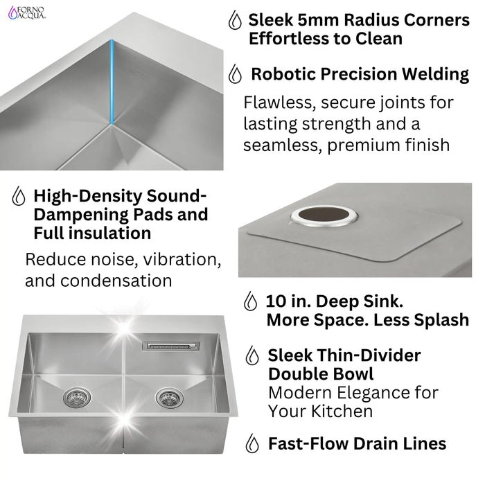 Forno Acqua 33-Inch Drop-In/Undermount 50/50 Double Bowl Stainless Steel Sink with Faucet & Waterfall (G-ZN30)