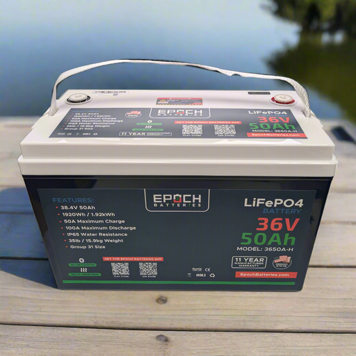 Epoch 36V 50Ah Essential Series LiFePO4 battery — side profile