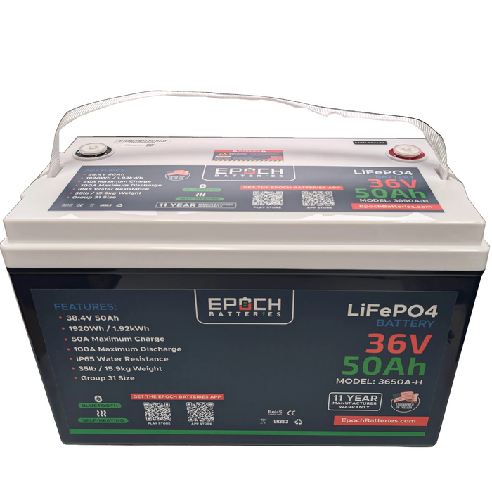 Epoch 36V 50Ah Essential Series LiFePO4 battery — dimensions and weight specifications
