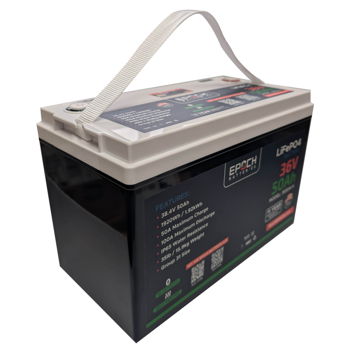 Epoch 36V 50Ah Essential Series LiFePO4 battery — size comparison