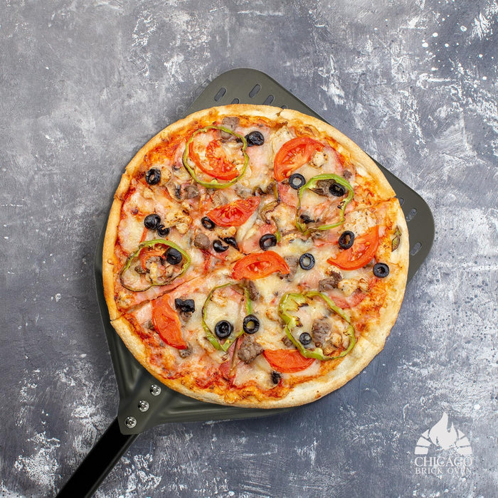 Chicago Brick Oven Perforated Pizza Peel - 12"x15" Anodized Aluminum Pizza Steel, 32" Handle, 47" Overall Length