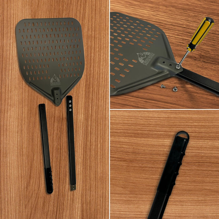 Chicago Brick Oven Perforated Pizza Peel - 12"x15" Anodized Aluminum Pizza Steel, 32" Handle, 47" Overall Length