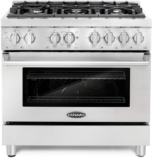 Cosmo 4-Piece Appliance Package - 36-Inch Dual Fuel Range, Wall Mount Range Hood, Dishwasher and Refrigerator in Stainless Steel (COS-4PKG-205) Cosmo