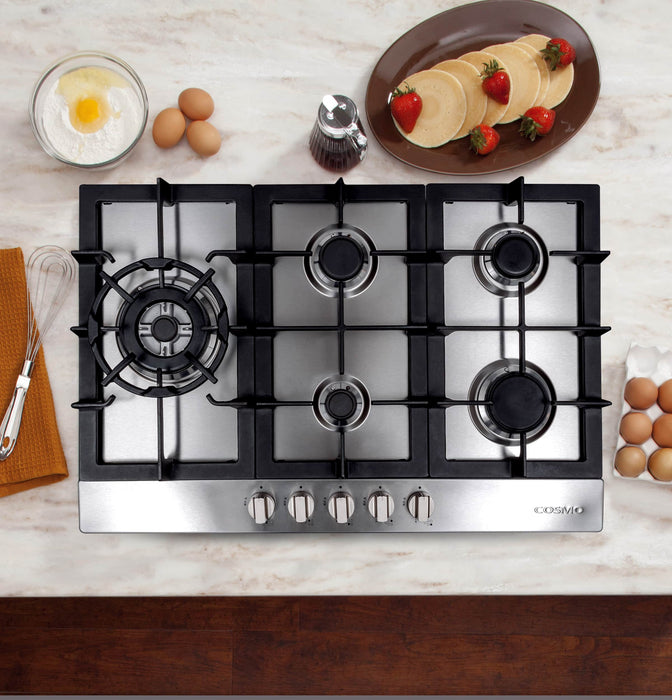 Cosmo 30-Inch Gas Cooktop with 5 Brass Burners in Stainless Steel (COS-850SLTX-E) Cosmo