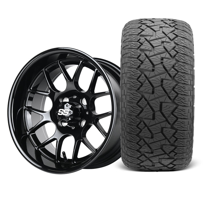SS Wheels Alpha 12x7 Gloss Black & X Comp A/T Tire Combo golf cart wheel and tire