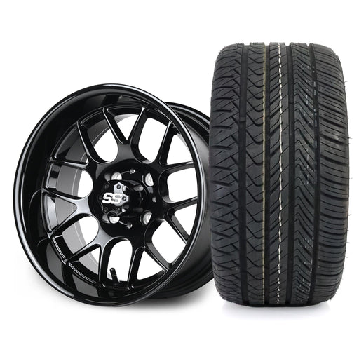 SS Wheels Alpha 12x7 Gloss Black & X Comp H/T Tire Combo golf cart wheel and tire