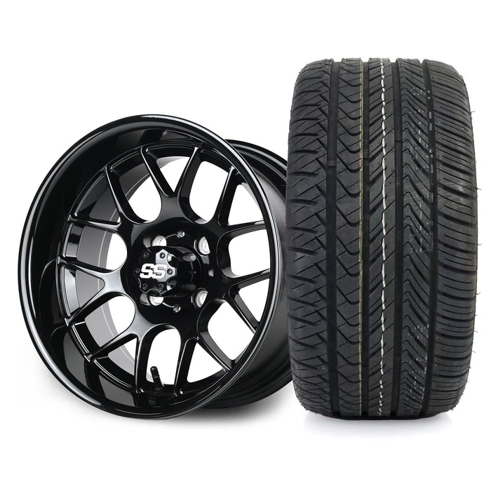 SS Wheels Alpha 12x7 Gloss Black & X Comp H/T Tire Combo golf cart wheel and tire