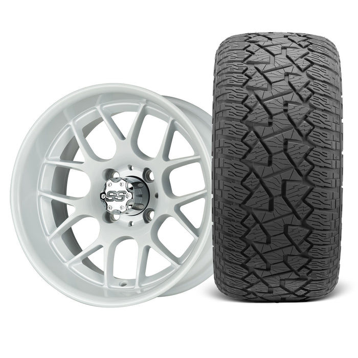 SS Wheels Alpha 12x7 Gloss White & X Comp A/T Tire Combo golf cart wheel and tire – view 3