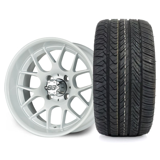 SS Wheels Alpha 12x7 Gloss White & X Comp H/T Tire Combo golf cart wheel and tire – view 2