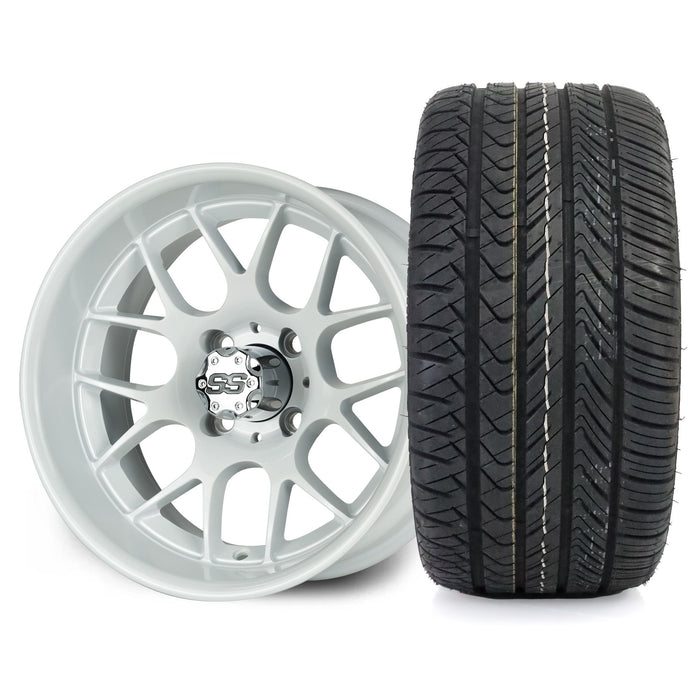 SS Wheels Alpha 12x7 Gloss White & X Comp H/T Tire Combo golf cart wheel and tire – view 2