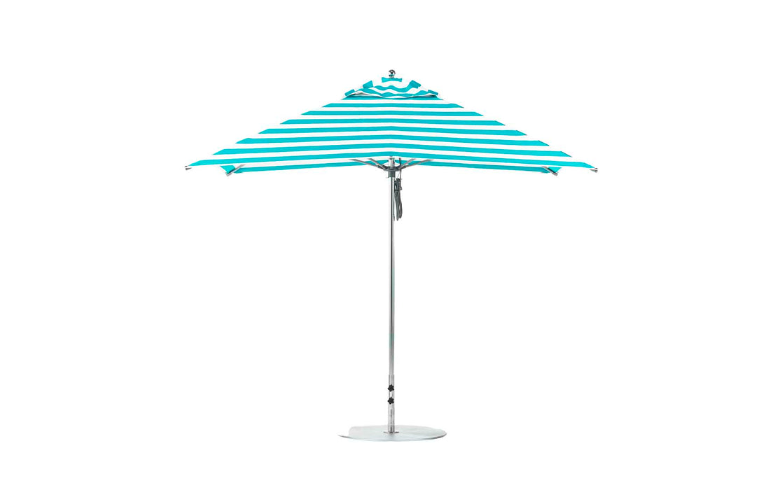 Ledge Lounger Essential Umbrella 10' Square Pulley — Silver Pole-Classic Ball Finial-R011 Turquoise Stripe Fabric