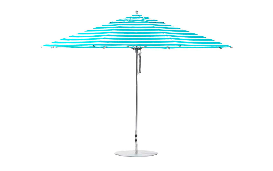 Ledge Lounger Essential Umbrella 13' Octagon Pulley — Silver Pole-Classic Ball Finial-R011 Turquoise Stripe Fabric