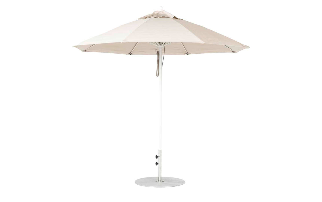 Ledge Lounger Essential Umbrella 9' Octagon Pulley — White Pole-Classic Ball Finial-R126 Linen Fabric