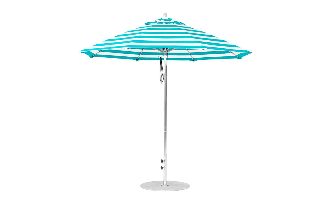 Ledge Lounger Essential Umbrella 9' Octagon Pulley — Matte Silver Pole-Classic Ball Finial-R011 Turquoise Stripe Fabric