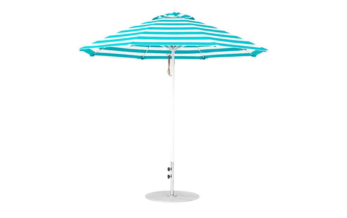 Ledge Lounger Essential Umbrella 9' Octagon Pulley — White Pole-Classic Ball Finial-R011 Turquoise Stripe Fabric