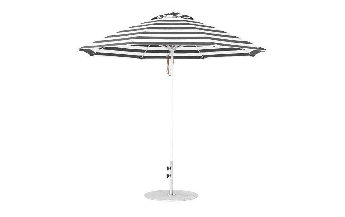 Ledge Lounger Essential Umbrella 9' Octagon Pulley — White Pole-Classic Ball Finial-R017 Black Stripe Fabric
