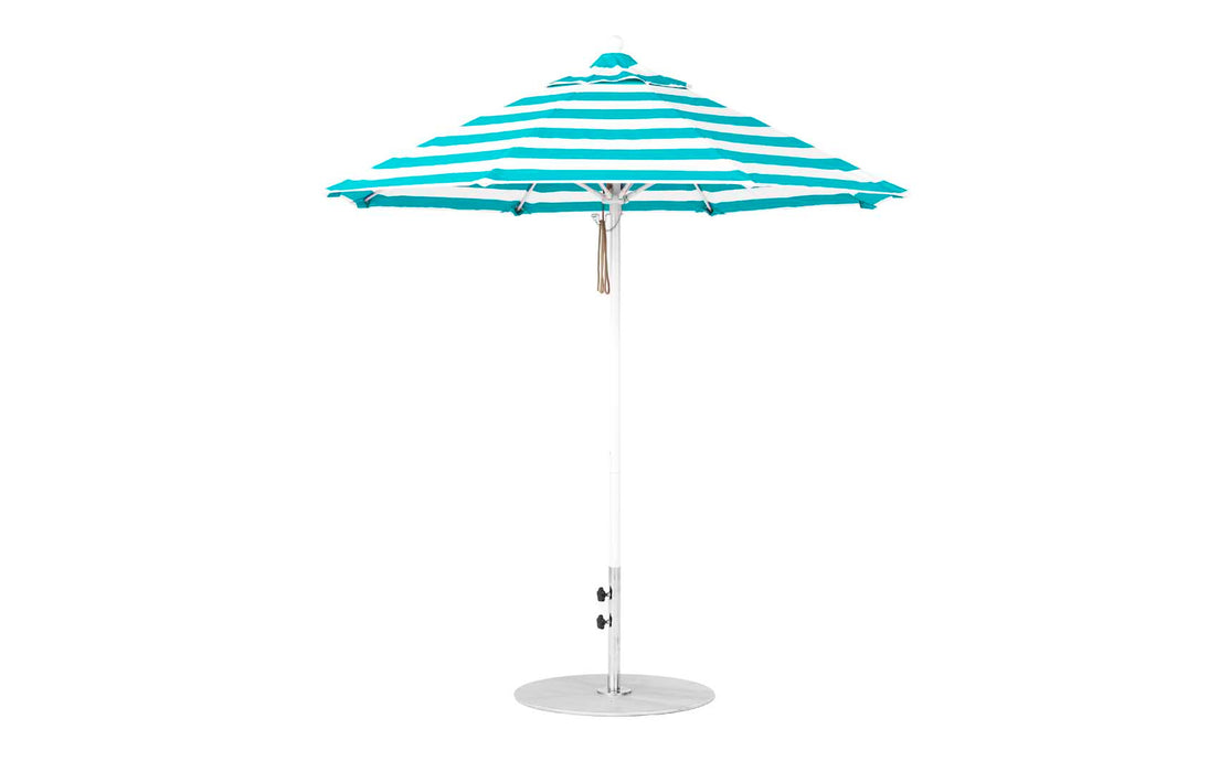 Ledge Lounger Essential Umbrella 7.5' Octagon Pulley — White Pole-Classic Ball Finial-R011 Turquoise Stripe Fabric