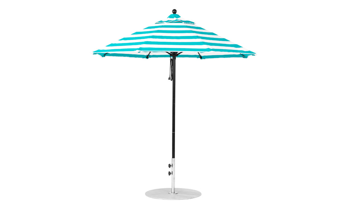Ledge Lounger Essential Umbrella 7.5' Octagon Pulley — Black Pole-Classic Ball Finial-R011 Turquoise Stripe Fabric