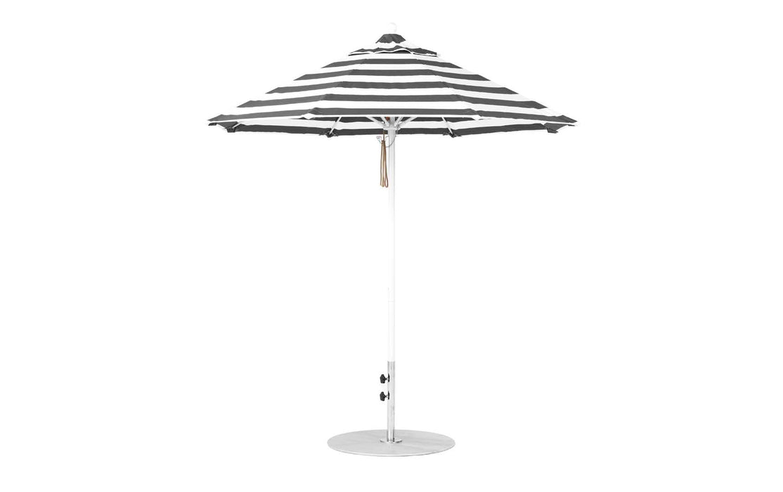 Ledge Lounger Essential Umbrella 7.5' Octagon Pulley — White Pole-Classic Ball Finial-R017 Black Stripe Fabric