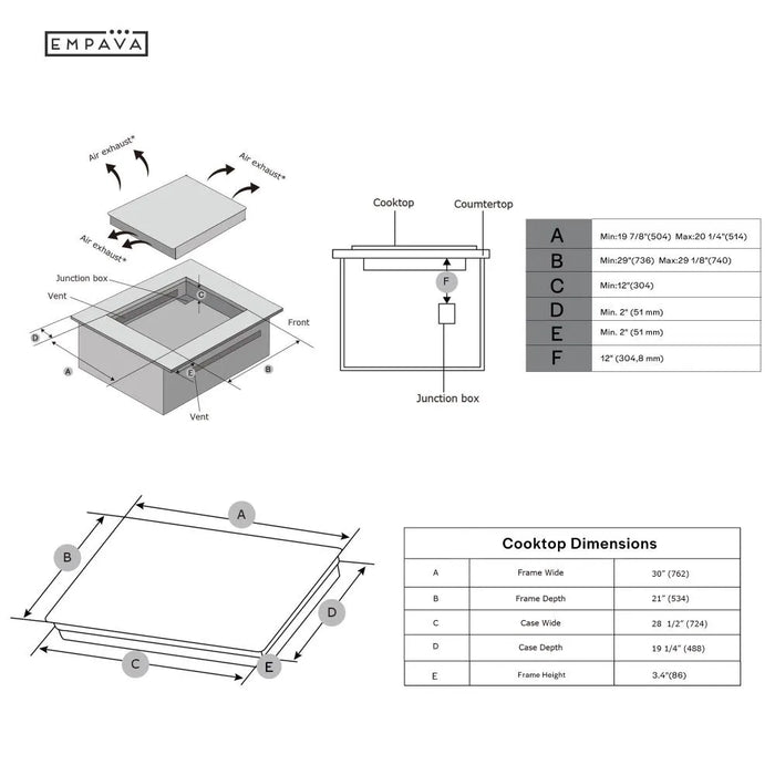 Empava EMPV-30EC82H installation diagram with countertop cut-out and cooktop dimensions
