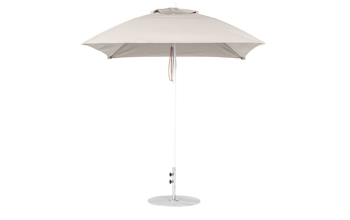 Ledge Lounger Essential Umbrella 7.5' Square Version 2 Pulley — White Pole-Classic Ball Finial-R126 Linen Fabric