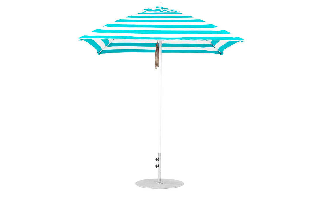 Ledge Lounger Essential Umbrella 7.5' Square Version 2 Pulley — White Pole-Classic Ball Finial-R011 Turquoise Stripe Fabric