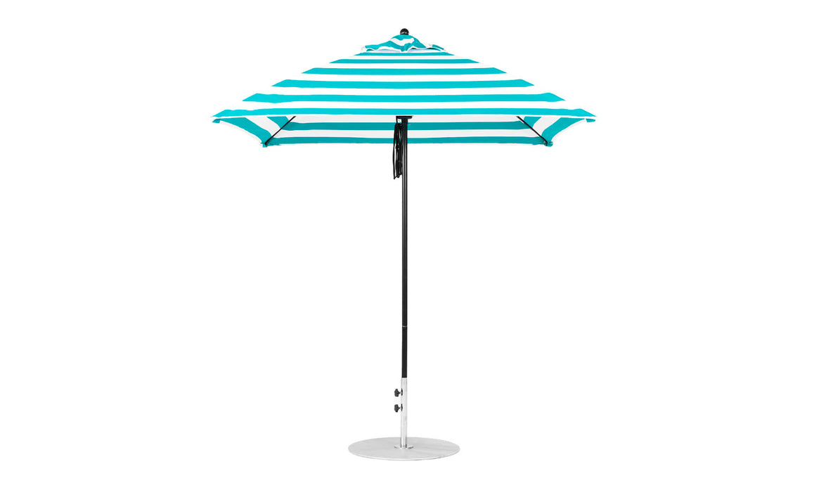Ledge Lounger Essential Umbrella 7.5' Square Version 2 Pulley — Black Pole-Classic Ball Finial-R011 Turquoise Stripe Fabric