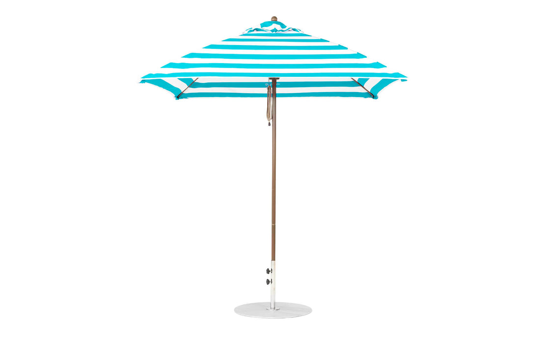 Ledge Lounger Essential Umbrella 7.5' Square Version 2 Pulley — Bronze Pole-Classic Ball Finial-R011 Turquoise Stripe Fabric